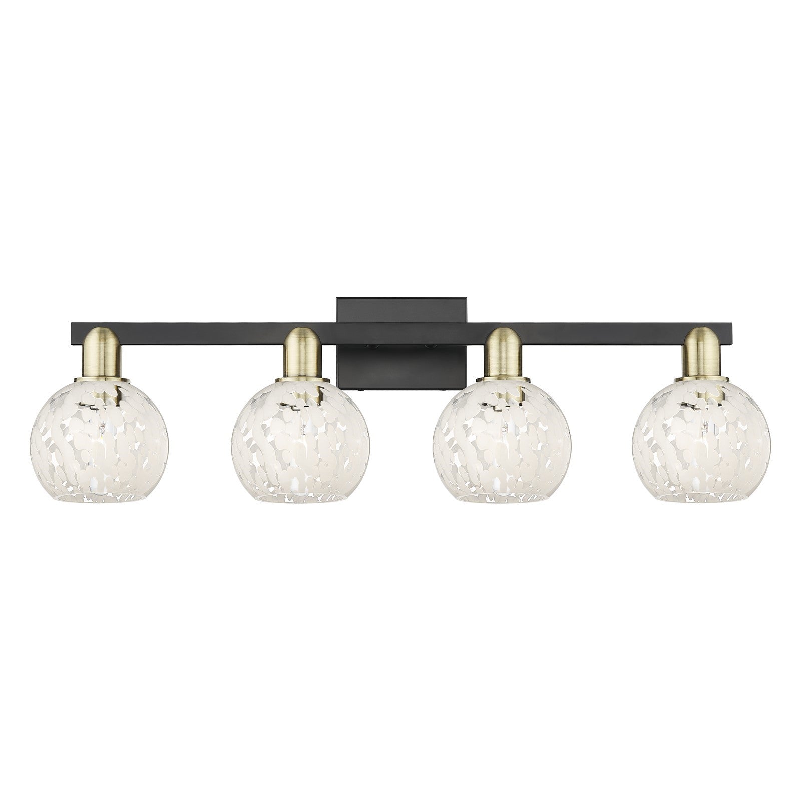 Innovations White Mouchette 33in 4-Light Bath Vanity Light | Industrial Black Antique Brass and White Mouchette Glass | Model 716-4W-BAB-G1216-6WM