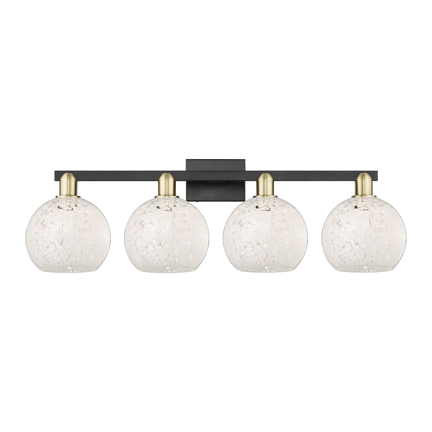 Innovations Lighting White Mouchette 35in 4-Light Bath Vanity Light | Industrial Black Antique Brass and White Glass | Model 716-4W-BAB-G1216-8WM