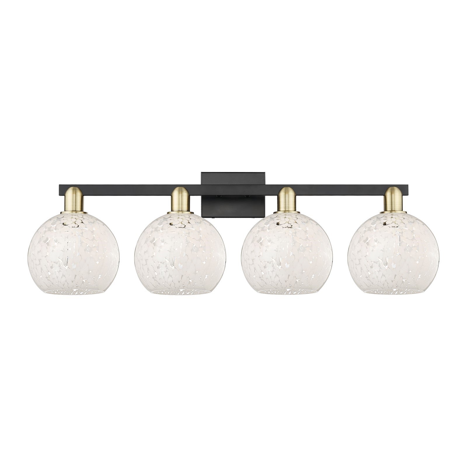 Innovations Lighting White Mouchette 35in 4-Light Bath Vanity Light | Industrial Black Antique Brass and White Glass | Model 716-4W-BAB-G1216-8WM