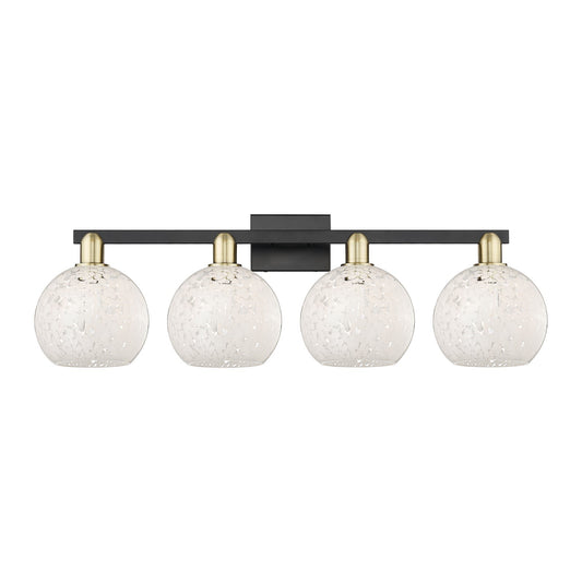 Innovations Lighting White Mouchette 35in 4-Light Bath Vanity Light | Industrial Black Antique Brass and White Glass | Model 716-4W-BAB-G1216-8WM