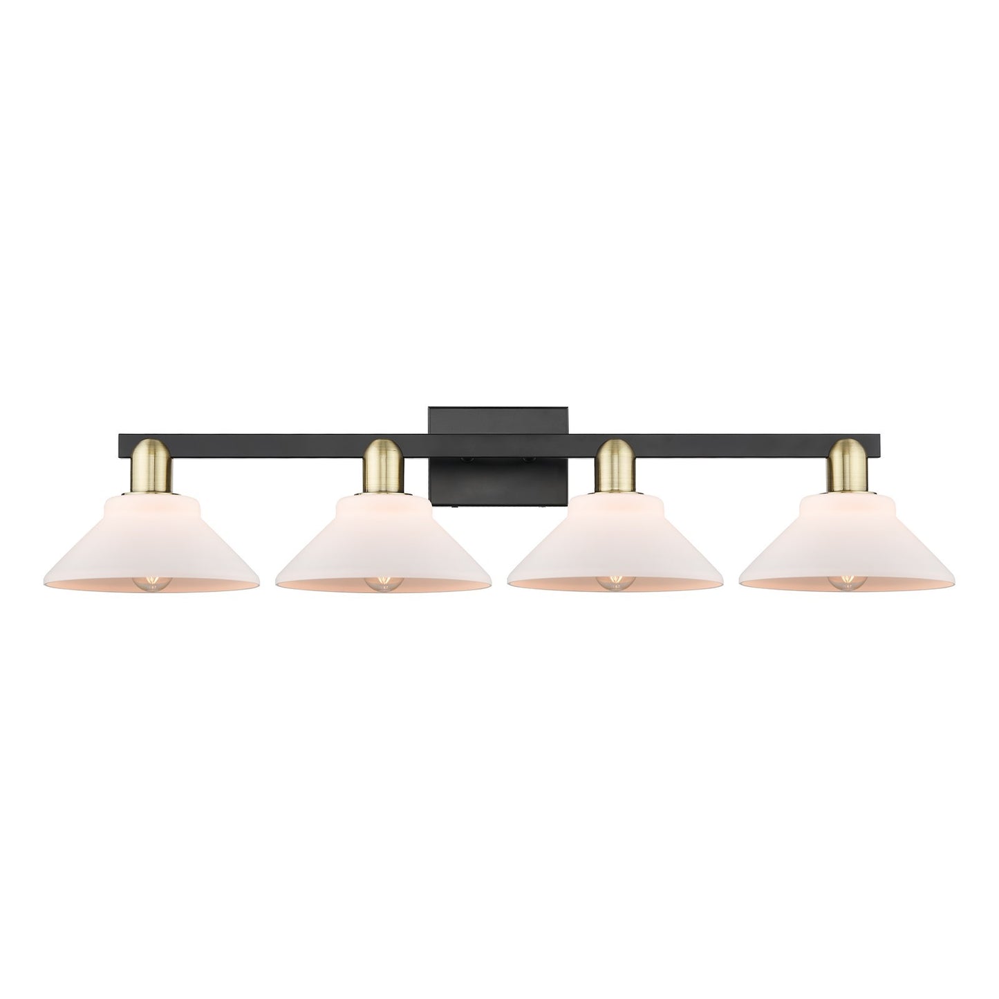 Innovations Orwell 35in 4-Light Bath Vanity Light | Industrial Black Antique Brass and Matte White Glass | Bathroom Vanity | Model 716-4W-BAB-G131