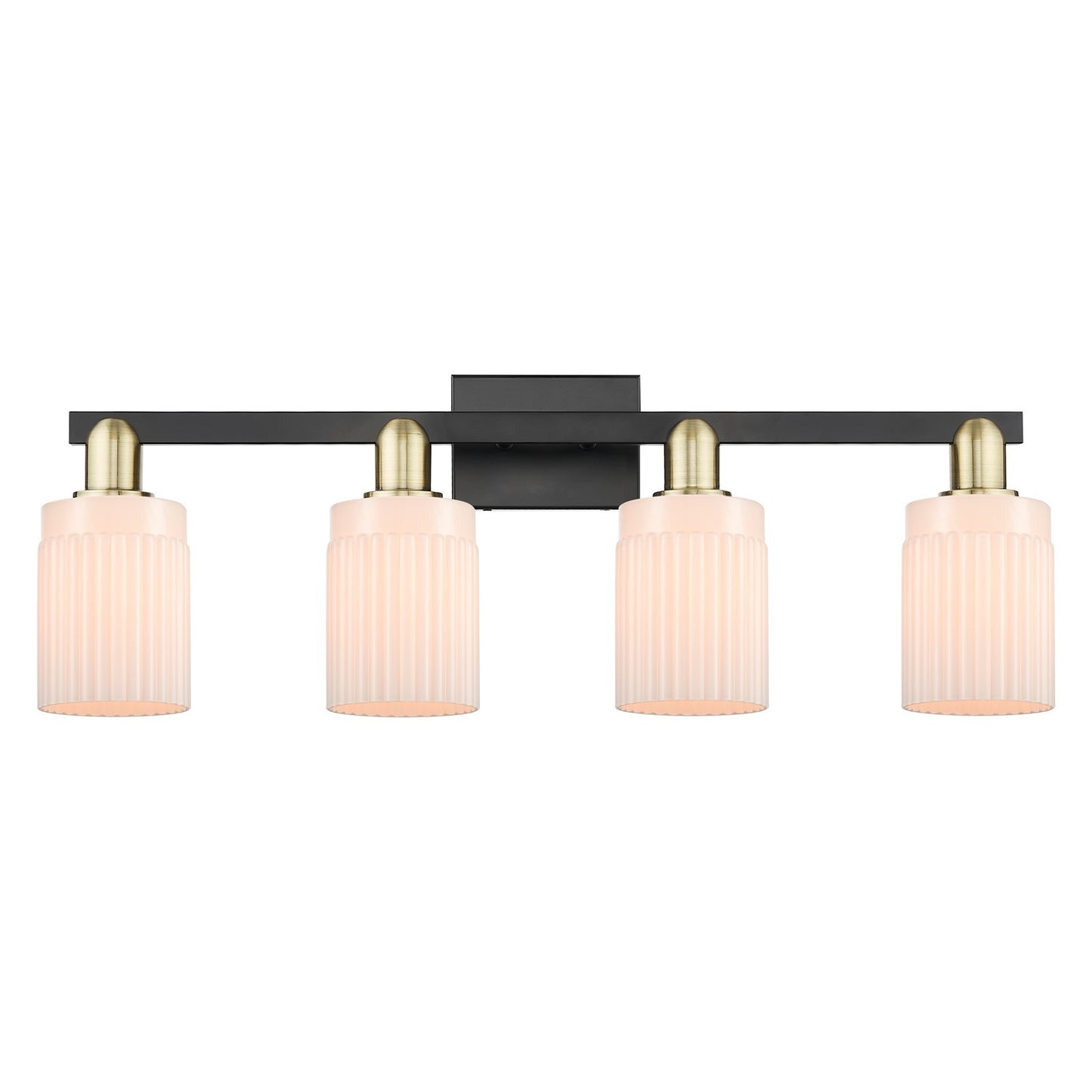 Innovations Hadley 32in 4-Light Bath Vanity | Industrial Black Antique Brass and Matte White Ribbed Glass | Bathroom Vanity Light | Model 716-4W-BAB-G341