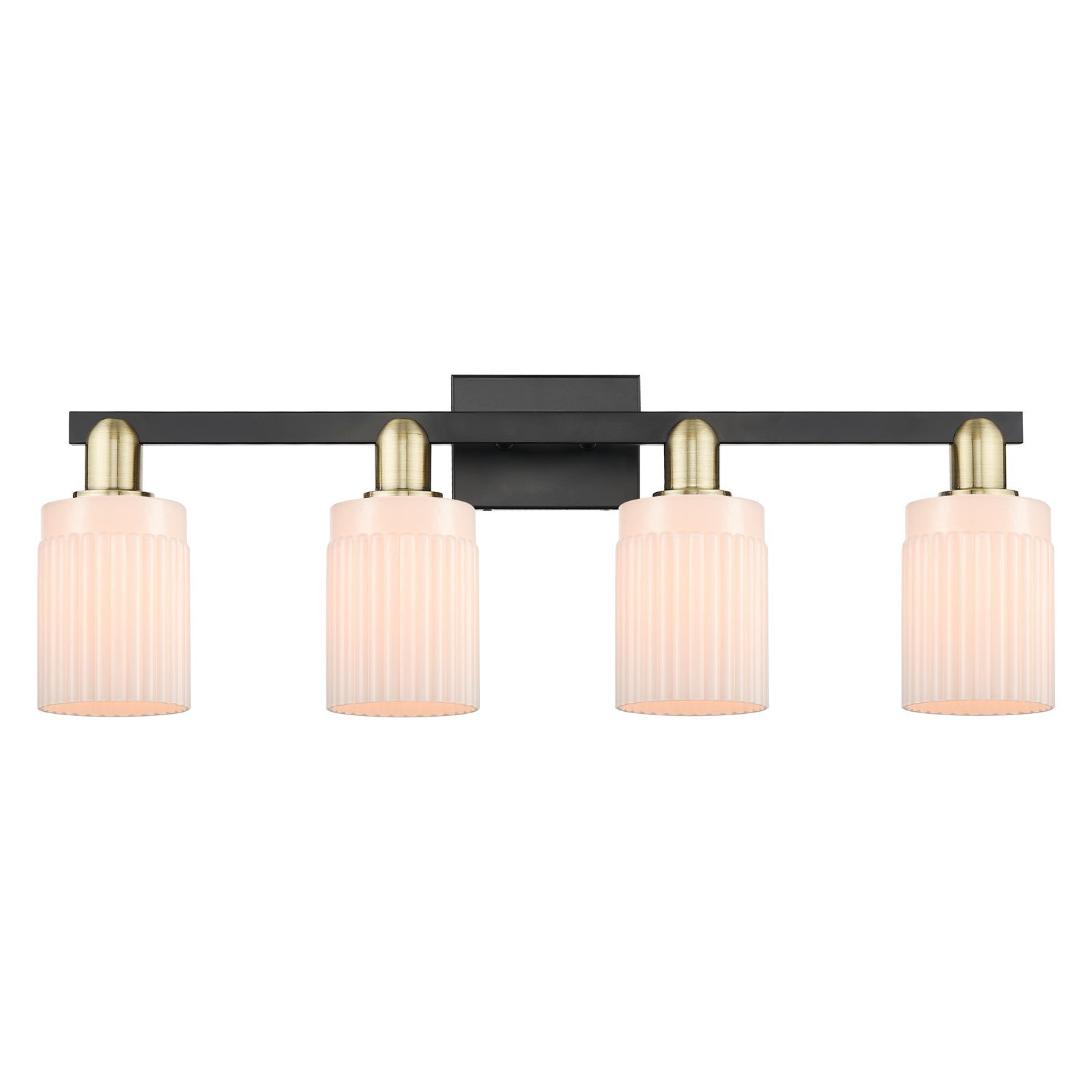 Innovations Hadley 32in 4-Light Bath Vanity | Industrial Black Antique Brass and Matte White Ribbed Glass | Bathroom Vanity Light | Model 716-4W-BAB-G341