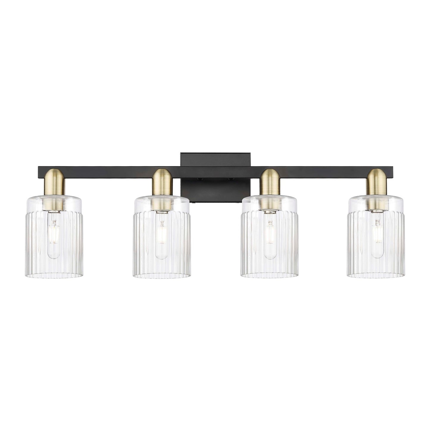 Innovations Hadley 32in 4-Light Bath Vanity Light | Industrial Black Antique Brass Steel and Clear Ribbed Glass | Bathroom Vanity | Model 716-4W-BAB-G342