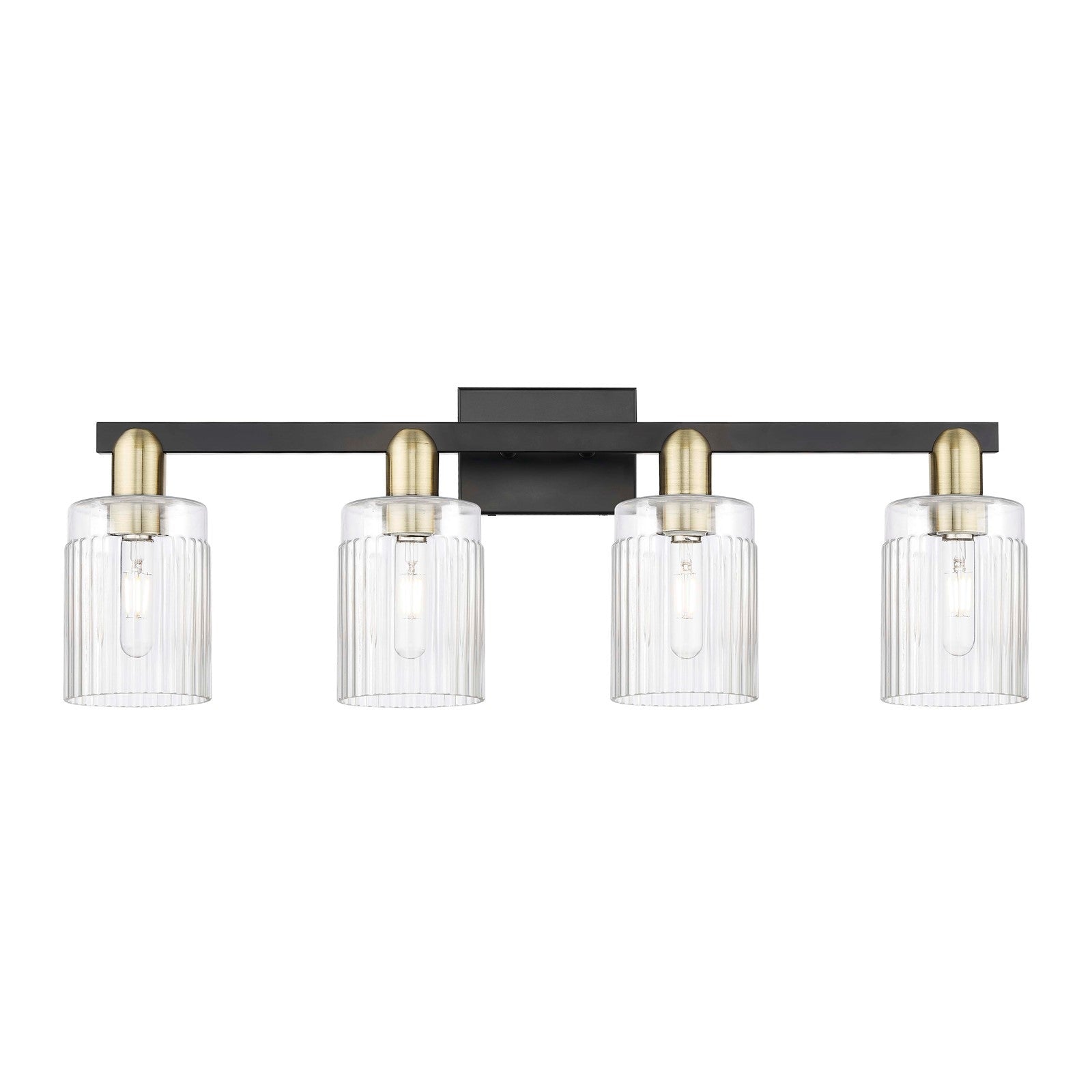 Innovations Hadley 32in 4-Light Bath Vanity Light | Industrial Black Antique Brass Steel and Clear Ribbed Glass | Bathroom Vanity | Model 716-4W-BAB-G342
