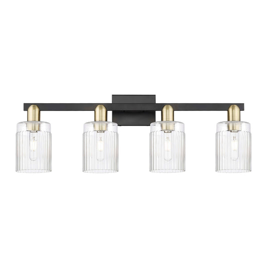 Innovations Hadley 32in 4-Light Bath Vanity Light | Industrial Black Antique Brass Steel and Clear Ribbed Glass | Bathroom Vanity | Model 716-4W-BAB-G342