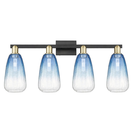 Innovations Brookhaven Almond 33in 4-Light Bath Vanity Light | Industrial Black Antique Brass and Sapphire Blue Glass | Model 716-4W-BAB-G480-6SB