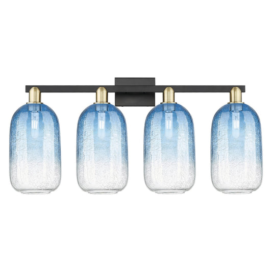 Innovations Brookhaven Cloche 34in 4-Light Bath Vanity Light | Industrial Black Antique Brass and Sapphire Blue Glass | Model 716-4W-BAB-G482-7SB