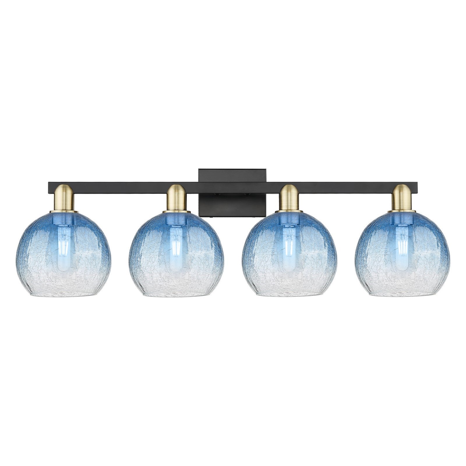 Innovations Brookhaven Globe 35in 4-Light Bath Vanity Light | Industrial Black Antique Brass and Sapphire Blue Glass | Model 716-4W-BAB-G483-8SB