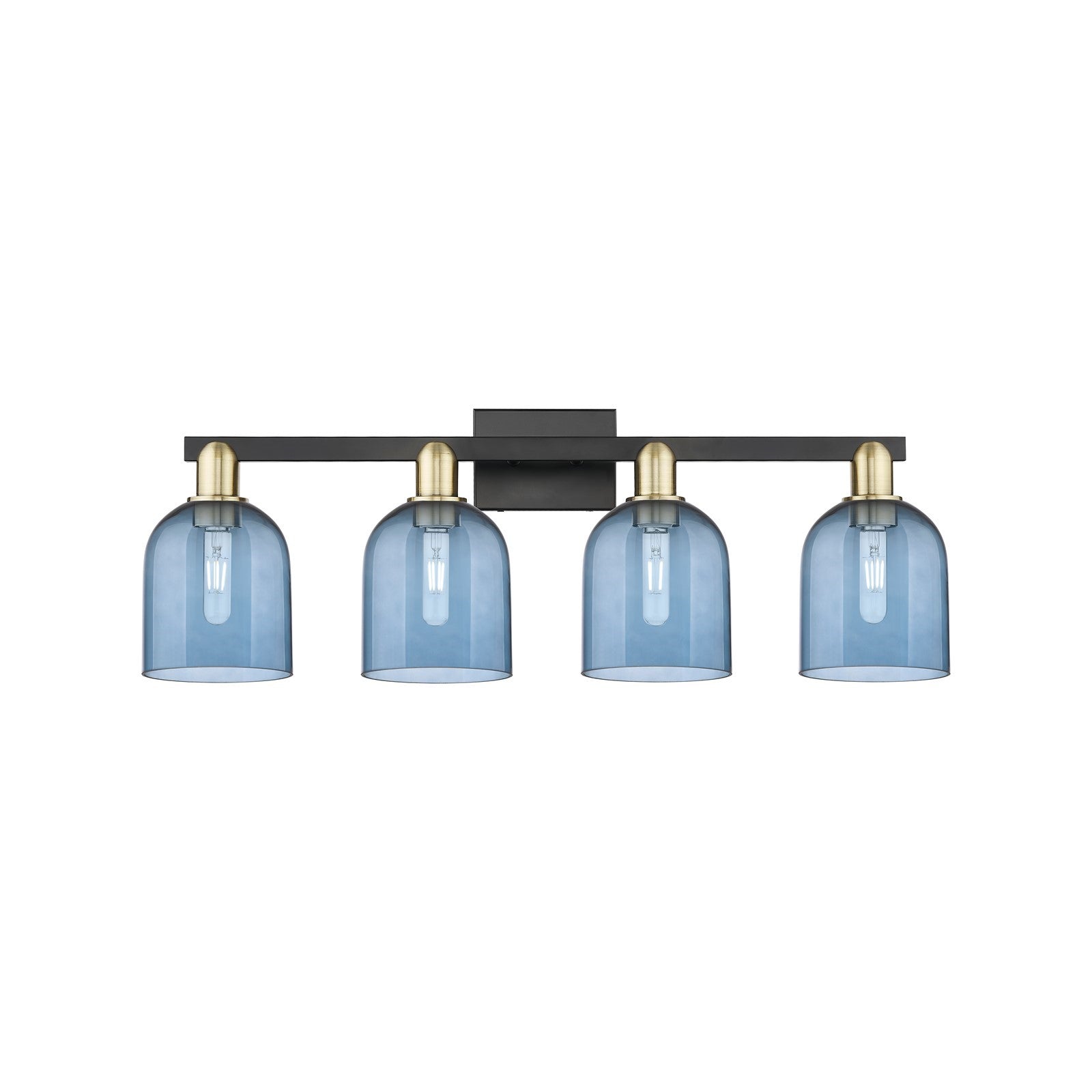 Innovations Bella 33in 4-Light Bath Vanity Light | Industrial Black Antique Brass and Blue Glass | Bathroom Vanity | Model 716-4W-BAB-G558-6BL