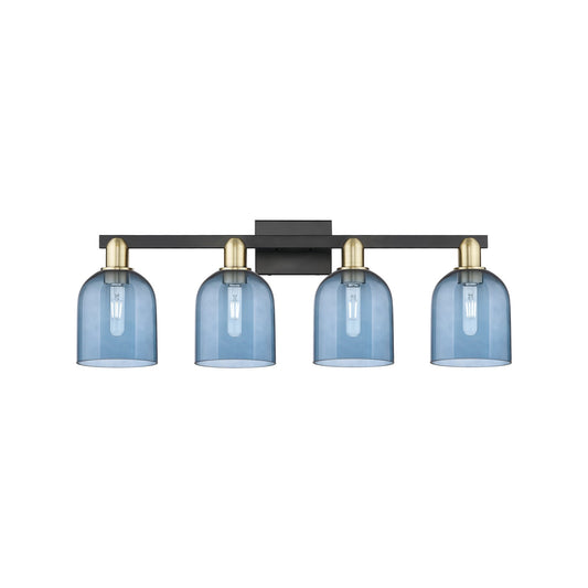 Innovations Bella 33in 4-Light Bath Vanity Light | Industrial Black Antique Brass and Blue Glass | Bathroom Vanity | Model 716-4W-BAB-G558-6BL