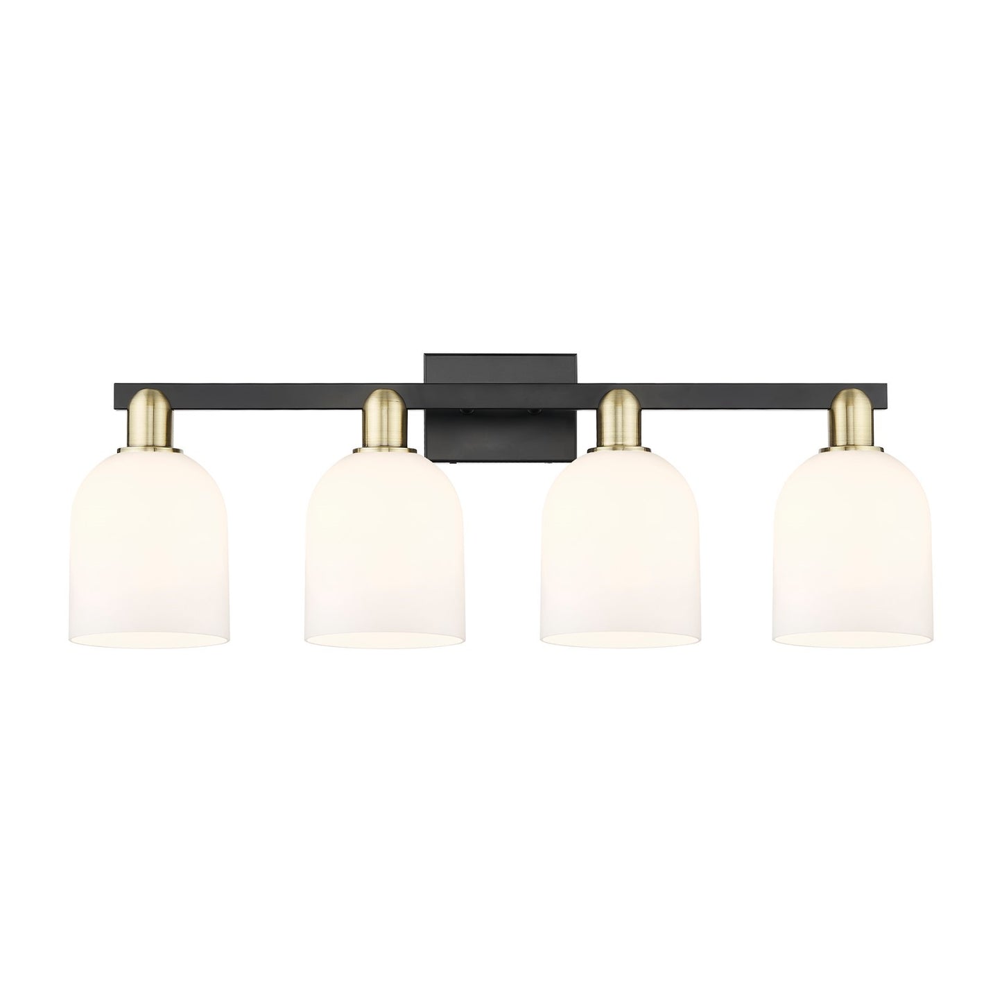 Innovations Bella 33in 4-Light Bath Vanity Light | Industrial Black Antique Brass and White Glass | Bathroom Vanity | Model 716-4W-BAB-G558-6GWH