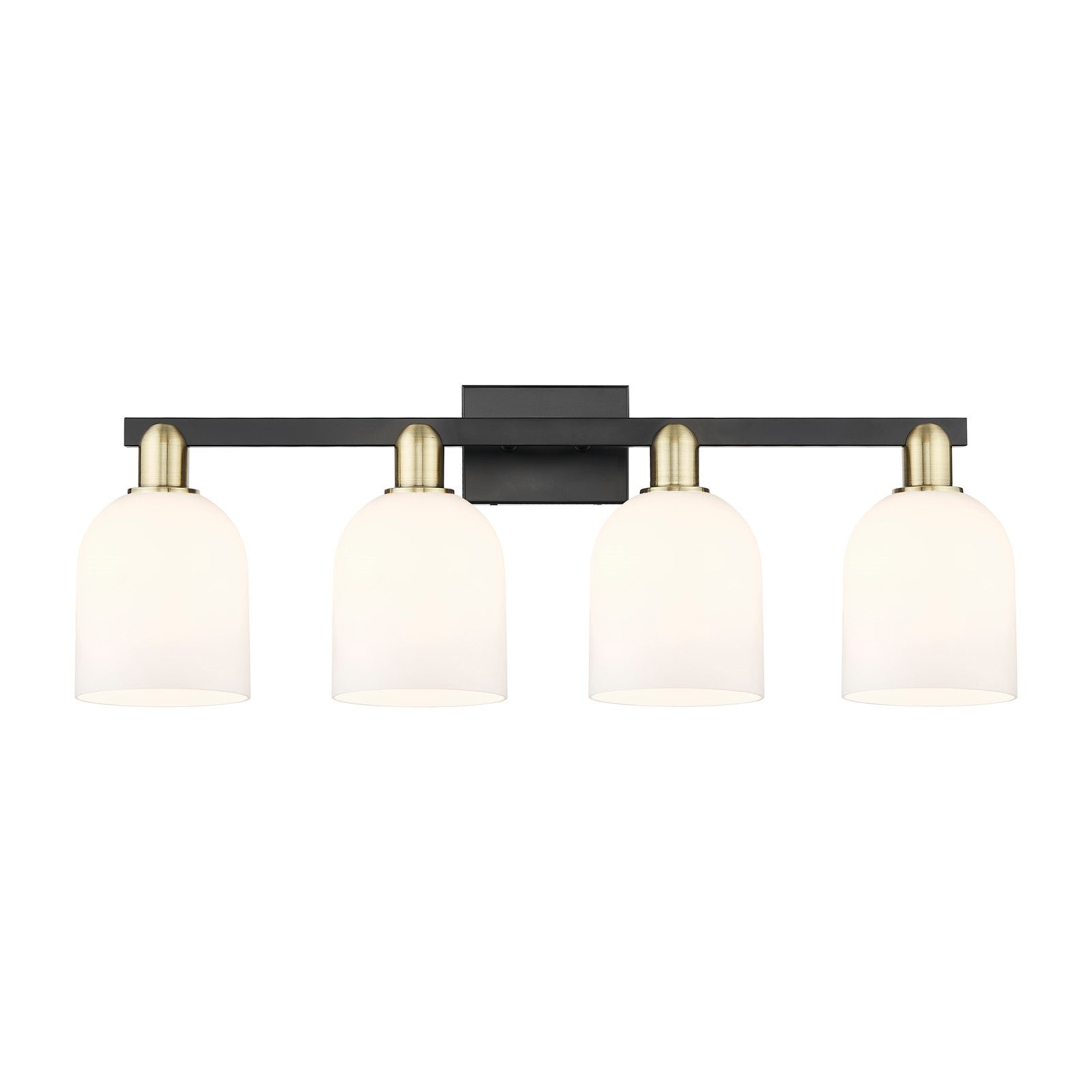 Innovations Bella 33in 4-Light Bath Vanity Light | Industrial Black Antique Brass and White Glass | Bathroom Vanity | Model 716-4W-BAB-G558-6GWH