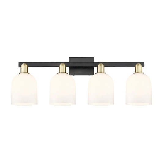 Innovations Bella 33in 4-Light Bath Vanity Light | Industrial Black Antique Brass and White Glass | Bathroom Vanity | Model 716-4W-BAB-G558-6GWH