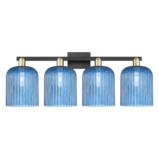 Innovations Bridal Veil 35in 4-Light Bath Vanity Light | Industrial Black Antique Brass Steel and Princess Blue Ribbed Glass | Model 716-4W-BAB-G559-8BL