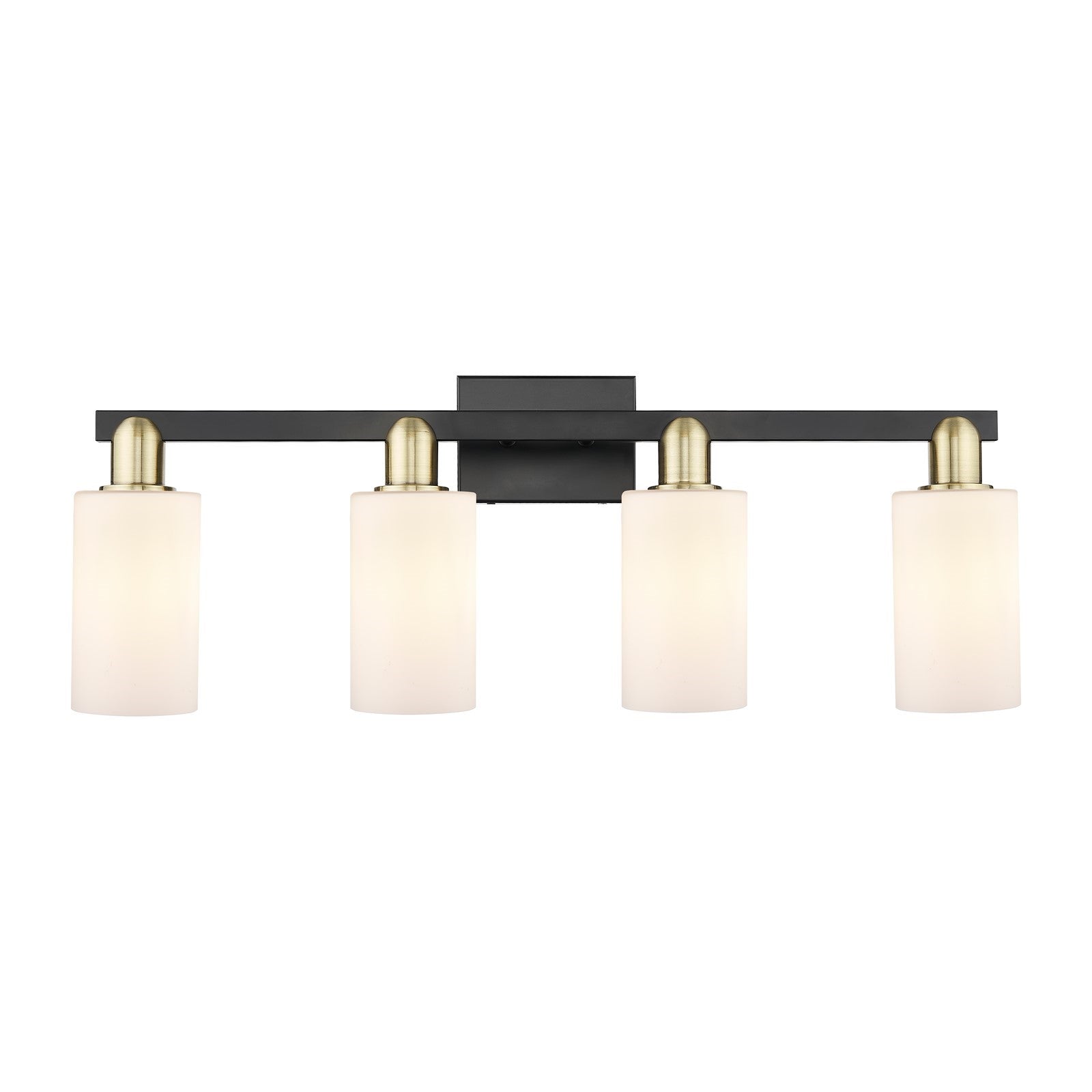 Innovations Clymer 31in 4-Light Bath Vanity | Industrial Black Antique Brass Steel and Matte White Glass | Bathroom Vanity Light | Model 716-4W-BAB-G801