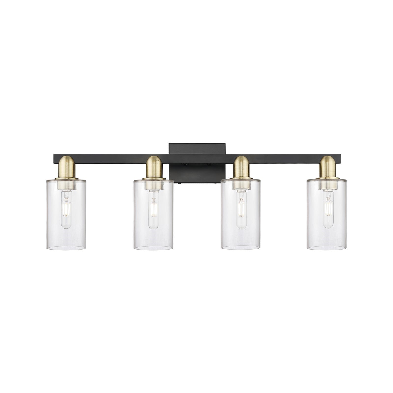 Innovations Clymer 31in 4-Light Bath Vanity | Industrial Black Antique Brass Steel and Clear Glass | Bathroom Vanity Light | Model 716-4W-BAB-G802