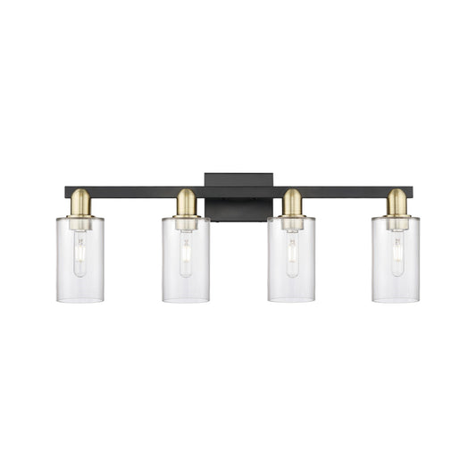 Innovations Clymer 31in 4-Light Bath Vanity | Industrial Black Antique Brass Steel and Clear Glass | Bathroom Vanity Light | Model 716-4W-BAB-G802