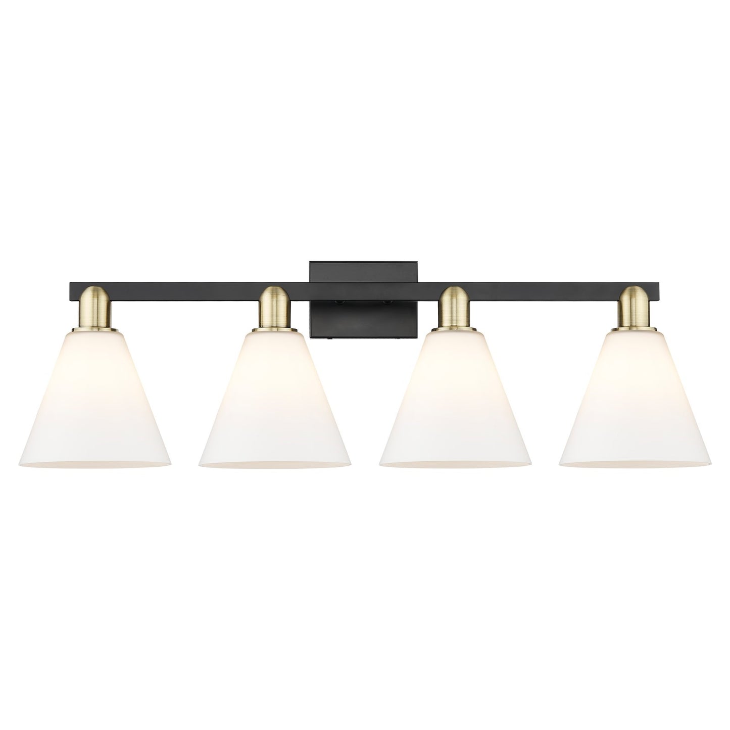 Innovations Berkshire Glass 35in 4-Light Bath Vanity | Industrial Black Antique Brass and Matte White Glass | Bathroom Vanity | Model 716-4W-BAB-GBC-81