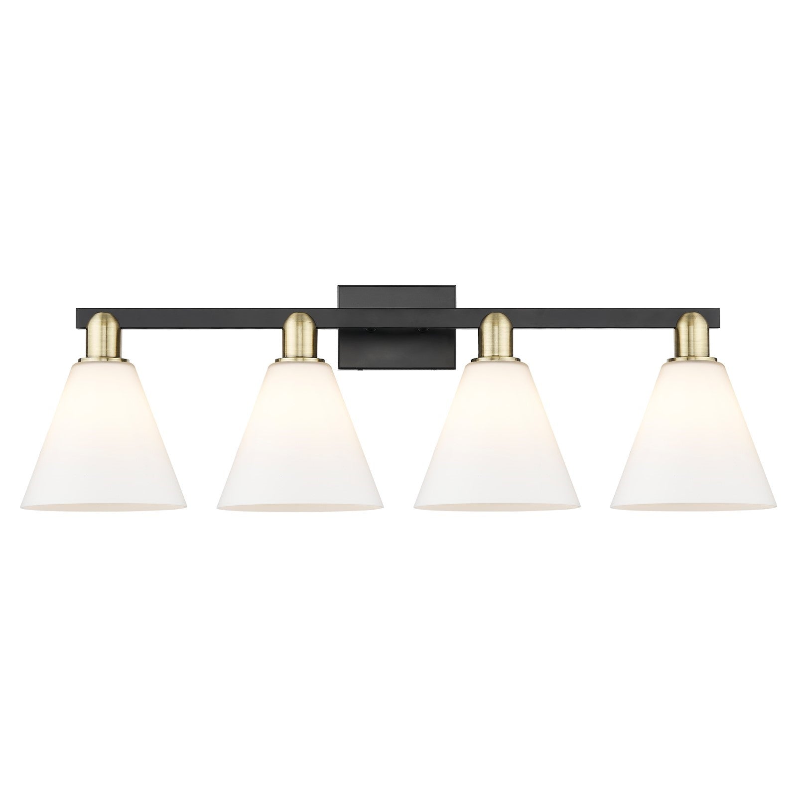 Innovations Berkshire Glass 35in 4-Light Bath Vanity | Industrial Black Antique Brass and Matte White Glass | Bathroom Vanity | Model 716-4W-BAB-GBC-81