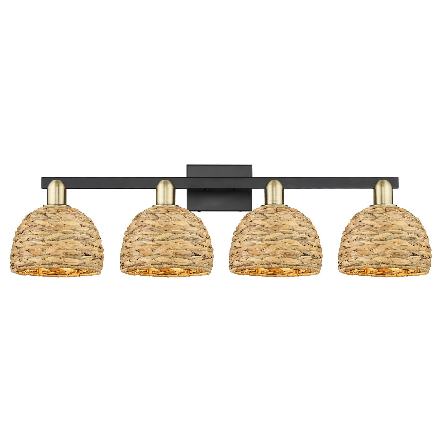 Innovations Woven Rattan 35in 4-Light Bath Vanity Light | Industrial Black Antique Brass and Natural Fiber Dome Shade | Damp | Model 716-4W-BAB-RBD-8-NAT