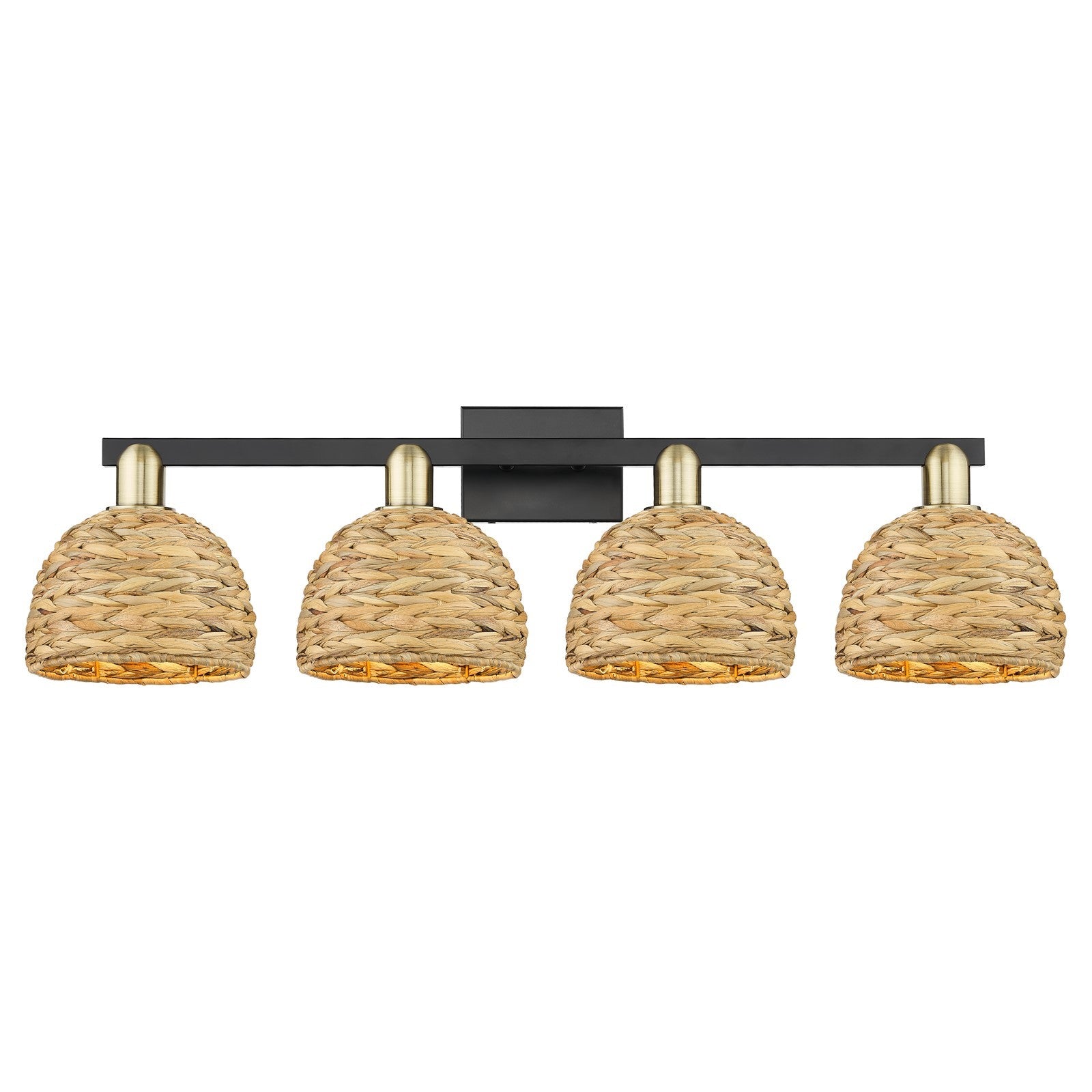 Innovations Woven Rattan 35in 4-Light Bath Vanity Light | Industrial Black Antique Brass and Natural Fiber Dome Shade | Damp | Model 716-4W-BAB-RBD-8-NAT