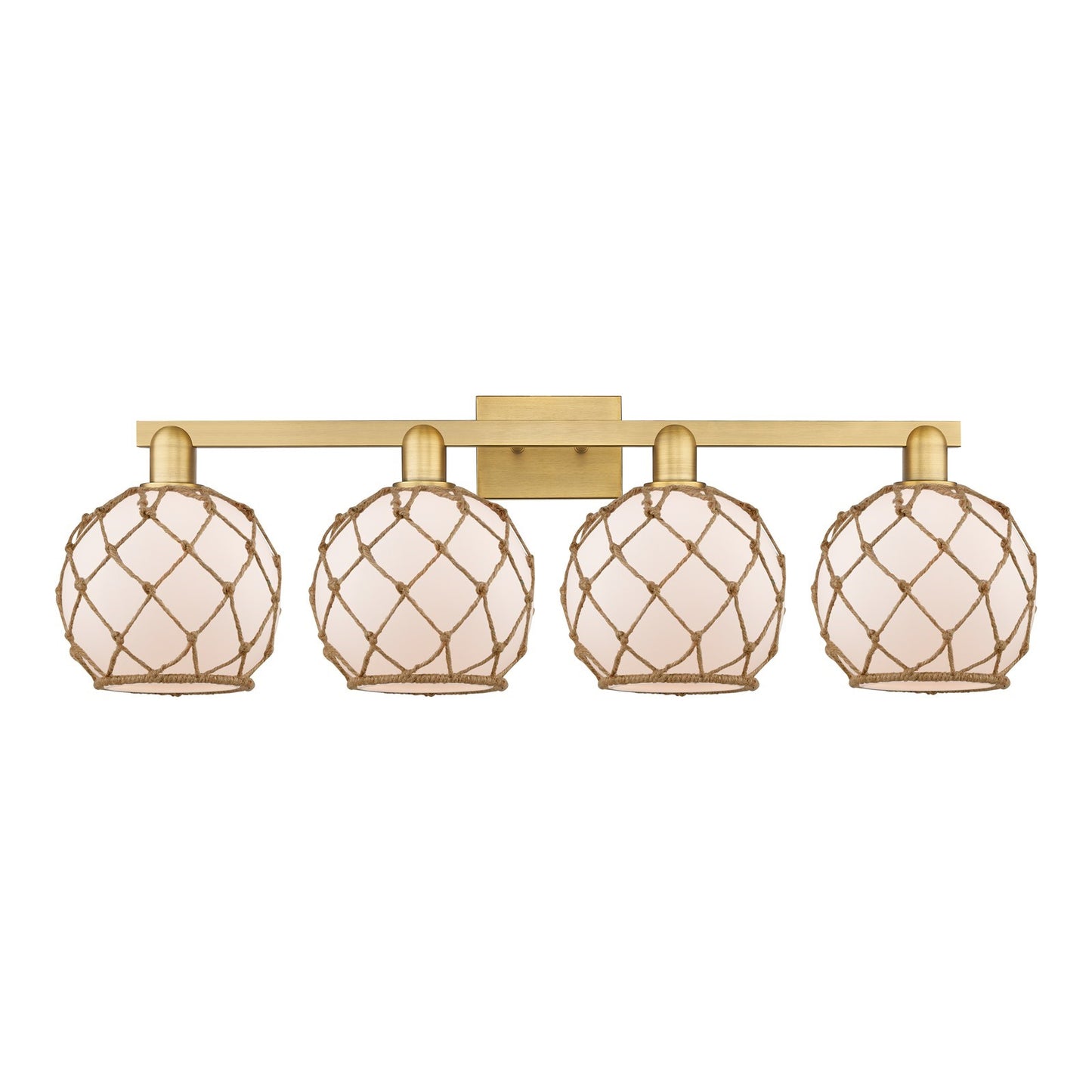 Innovations Farmhouse Rope 35in 4-Light Bath Vanity | Industrial Brushed Brass and White Glass with Brown Rope | Bathroom | Model 716-4W-BB-G121-8RB