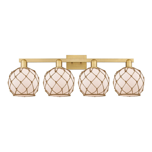 Innovations Farmhouse Rope 35in 4-Light Bath Vanity | Industrial Brushed Brass and White Glass with Brown Rope | Bathroom | Model 716-4W-BB-G121-8RB