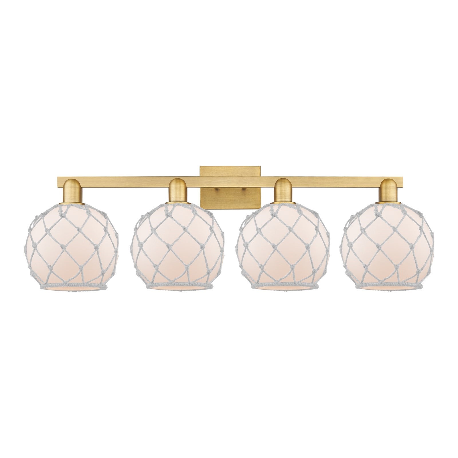 Innovations Farmhouse Rope 35in 4-Light Bath Vanity | Industrial Brushed Brass and White Frosted Glass with Rope | Bathroom & | Model 716-4W-BB-G121-8RW
