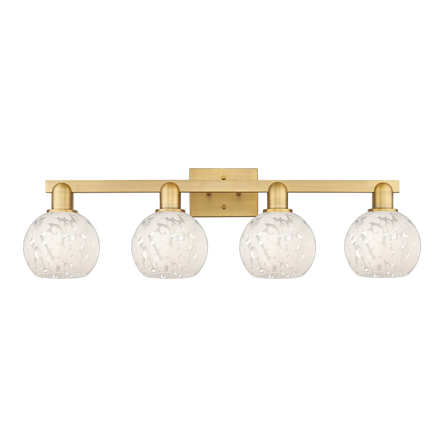 Innovations Lighting White Mouchette 33in 4-Light Bath Vanity | Industrial Brushed Brass and White Mouchette Glass | Bathroom | Model 716-4W-BB-G1216-6WM