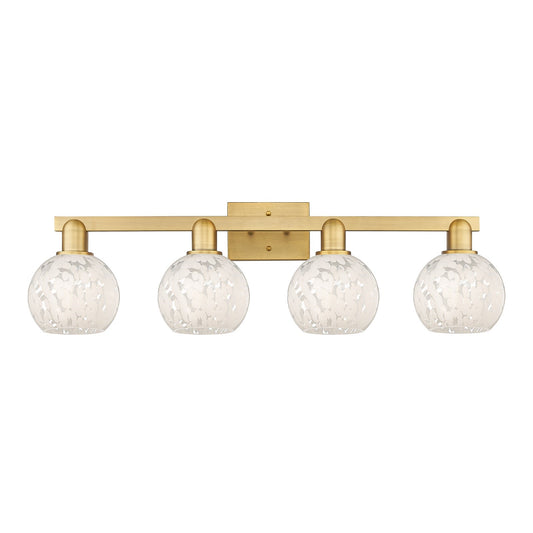 Innovations Lighting White Mouchette 33in 4-Light Bath Vanity | Industrial Brushed Brass and White Mouchette Glass | Bathroom | Model 716-4W-BB-G1216-6WM