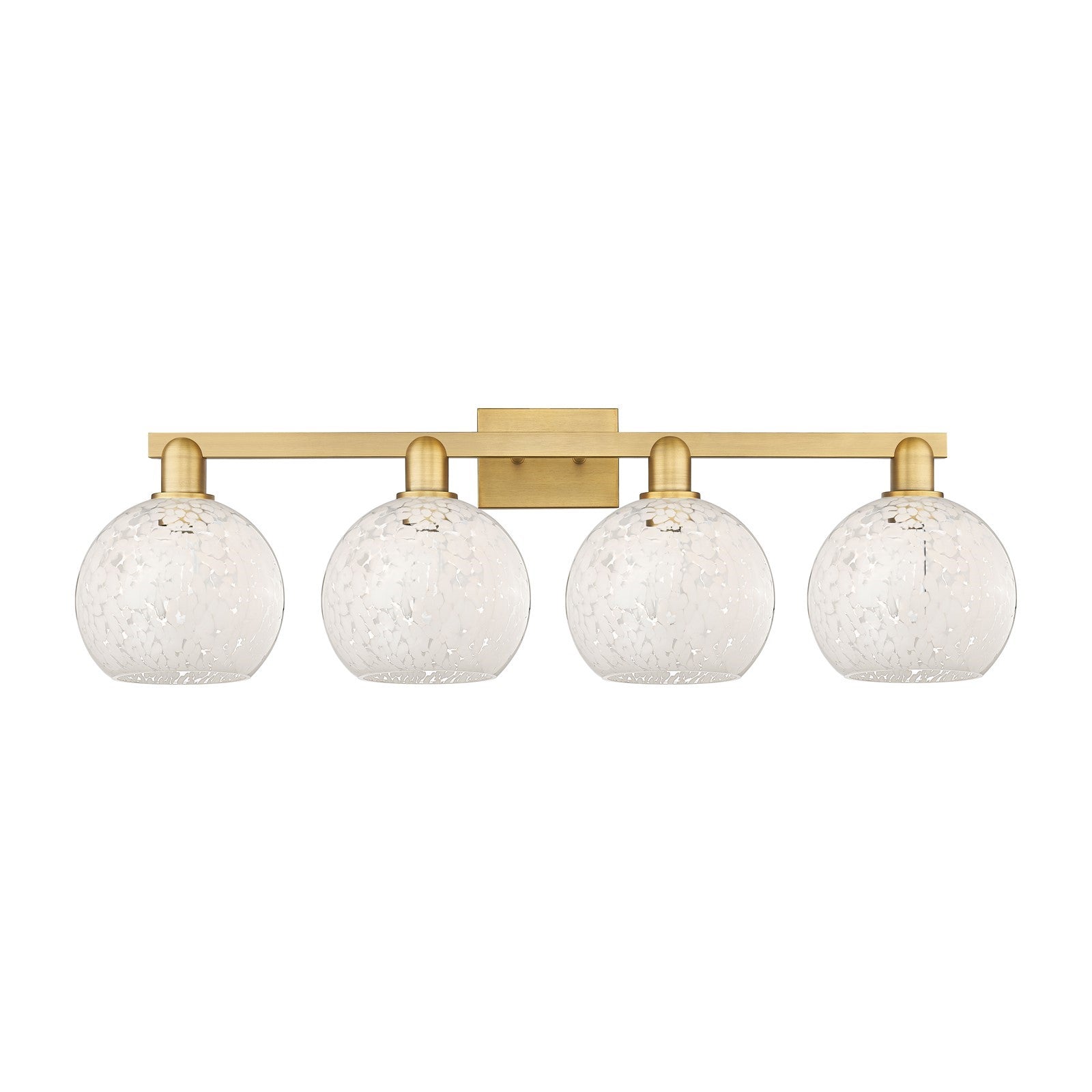 Innovations White Mouchette 35in 4-Light Bath Vanity | Industrial Brushed Brass and White Glass | Bathroom & Powder Room | Model 716-4W-BB-G1216-8WM