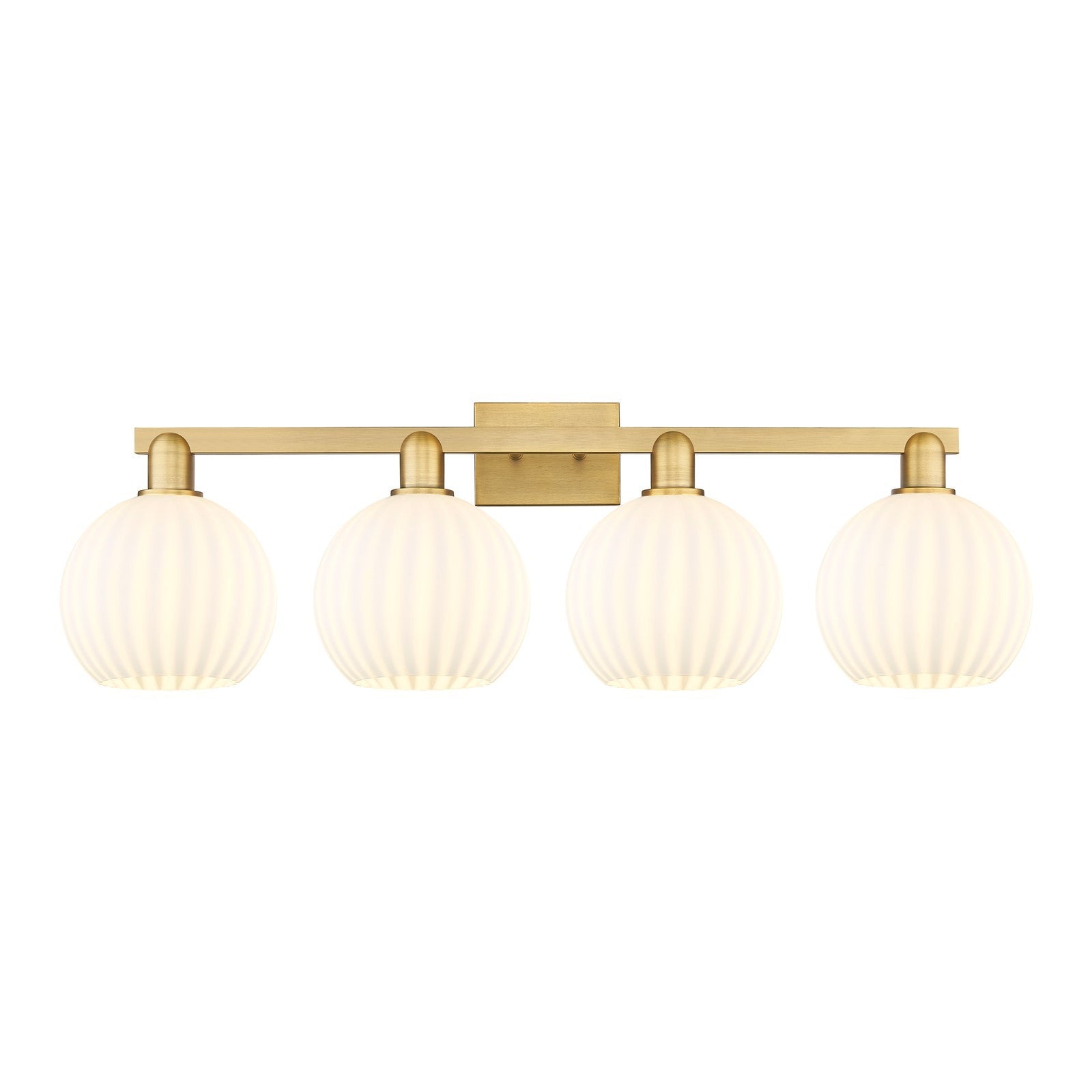 Innovations Lighting White Venetian 35in 4-Light Bath Vanity | Industrial Brushed Brass and White Venetian Glass | Bathroom | Model 716-4W-BB-G1217-8WV
