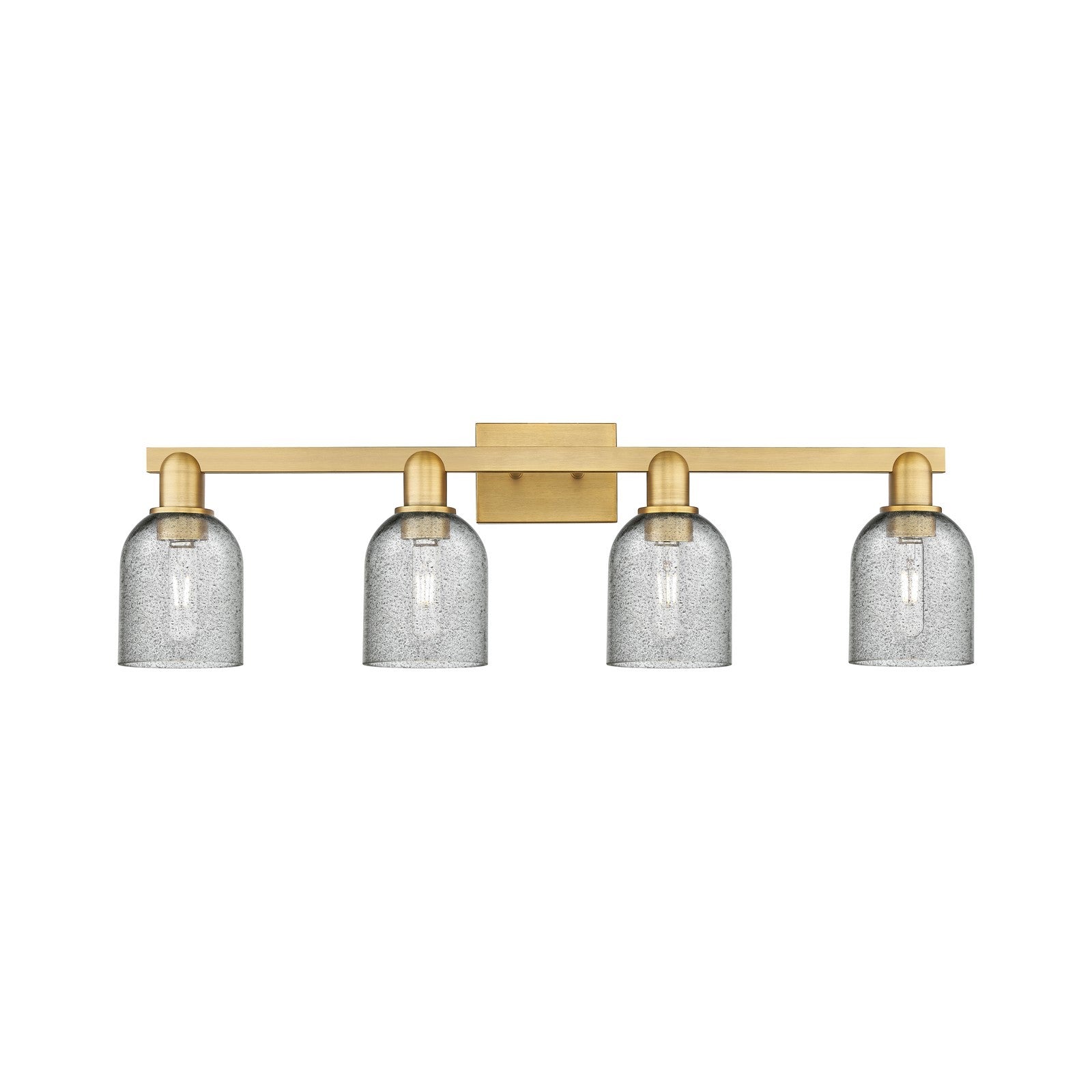 Innovations Caledonia 32in 4-Light Bath Vanity Light | Industrial Brushed Brass Steel and Charcoal Glass | Bathroom & Entryway | Model 716-4W-BB-G257