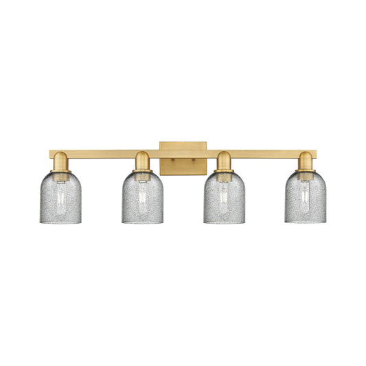 Innovations Caledonia 32in 4-Light Bath Vanity Light | Industrial Brushed Brass Steel and Charcoal Glass | Bathroom & Entryway | Model 716-4W-BB-G257