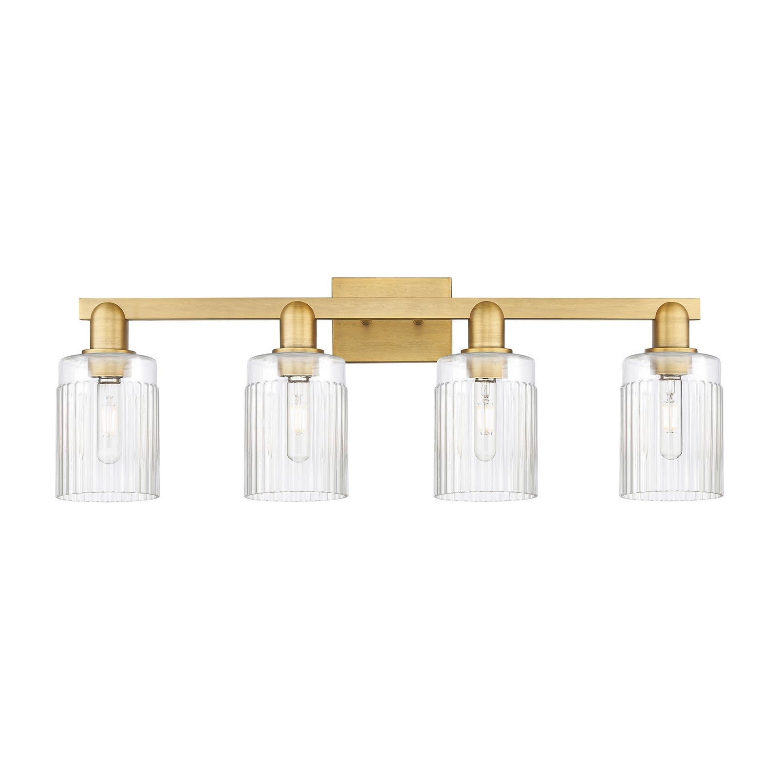 Innovations Hadley 32in 4-Light Bath Vanity Light | Industrial Brushed Brass Steel and Clear Ribbed Glass | Bathroom Vanity | Model 716-4W-BB-G342