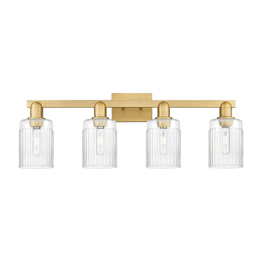 Innovations Hadley 32in 4-Light Bath Vanity Light | Industrial Brushed Brass Steel and Clear Ribbed Glass | Bathroom Vanity | Model 716-4W-BB-G342