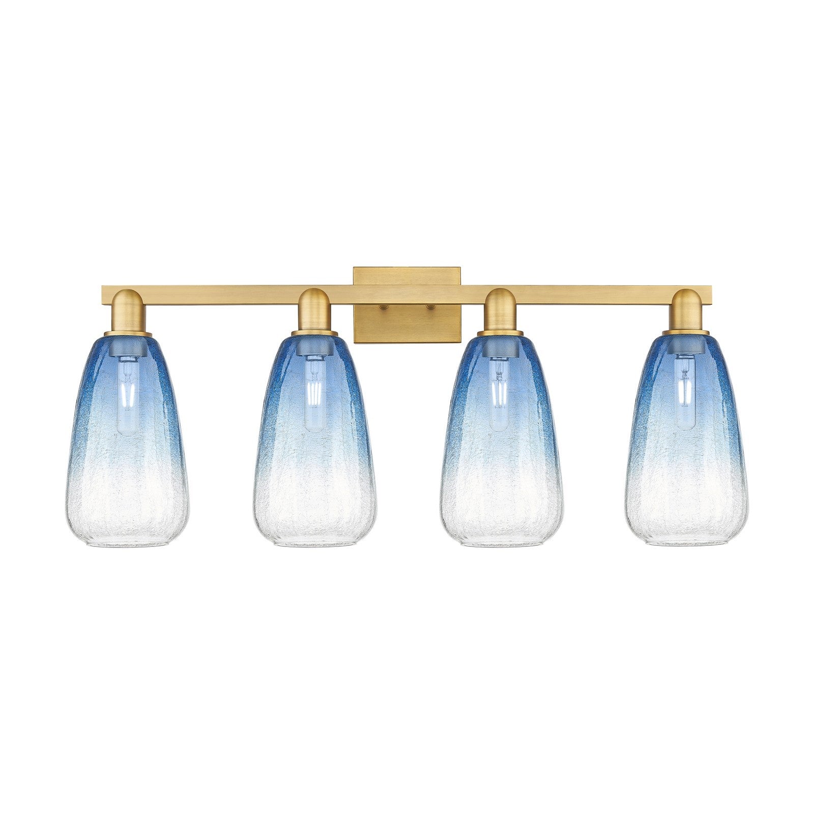 Innovations Brookhaven Almond 33in 4-Light Bath Vanity Light | Industrial Brushed Brass and Sapphire Blue Glass | Bathroom | Model 716-4W-BB-G480-6SB
