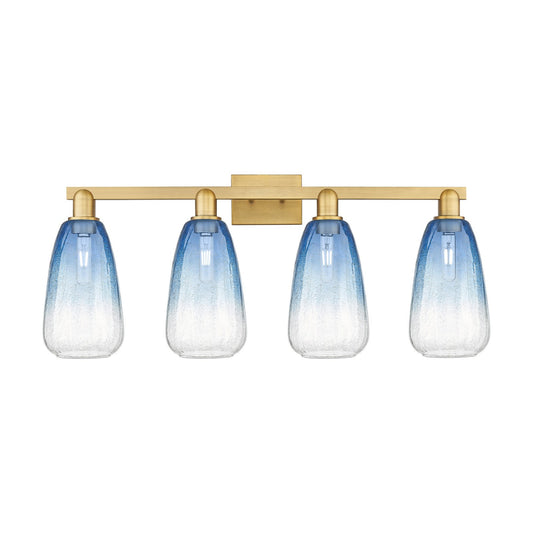 Innovations Brookhaven Almond 33in 4-Light Bath Vanity Light | Industrial Brushed Brass and Sapphire Blue Glass | Bathroom | Model 716-4W-BB-G480-6SB