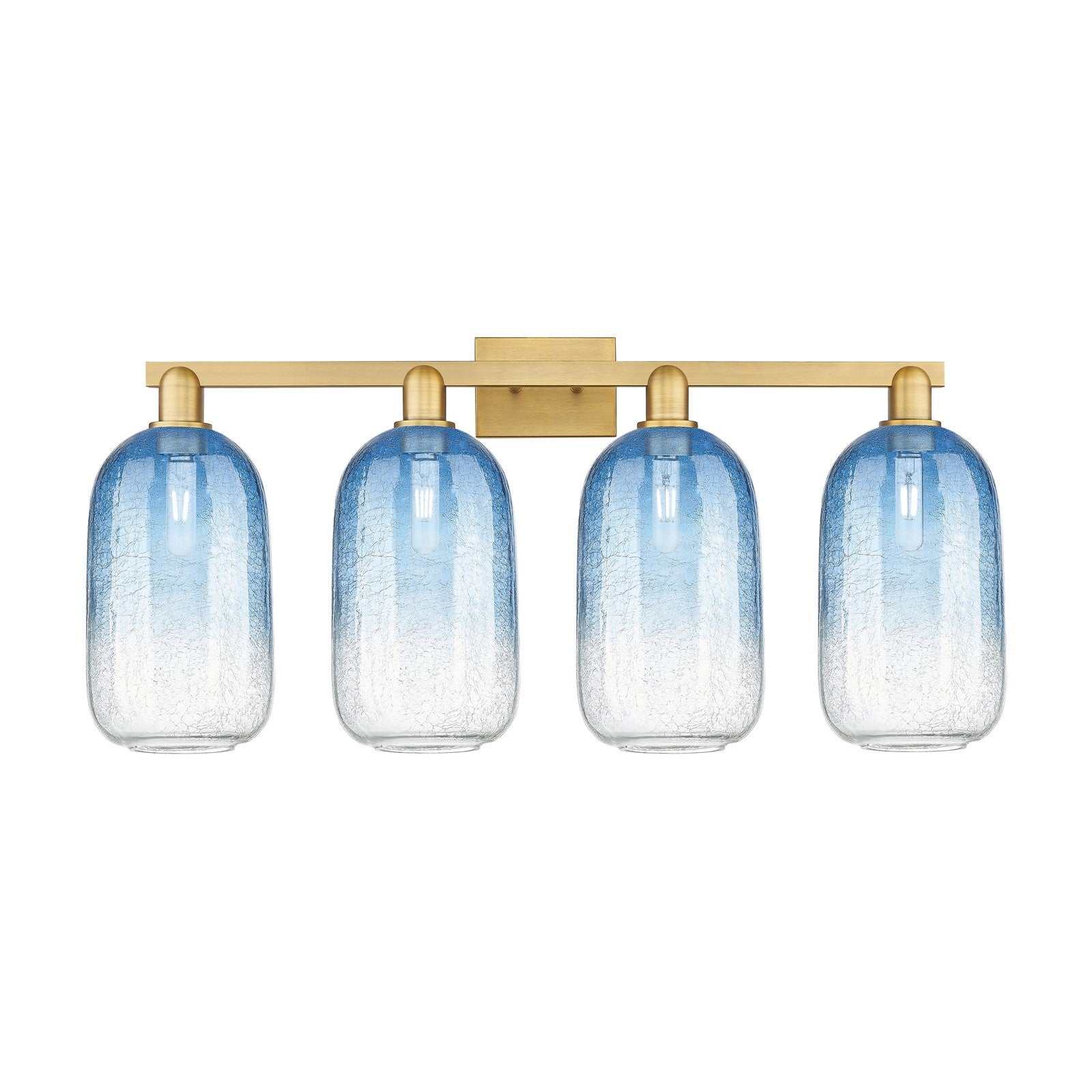 Innovations Brookhaven Cloche 34in 4-Light Bath Vanity | Industrial Brushed Brass and Sapphire Blue Glass | Bathroom Damp Rated | Model 716-4W-BB-G482-7SB