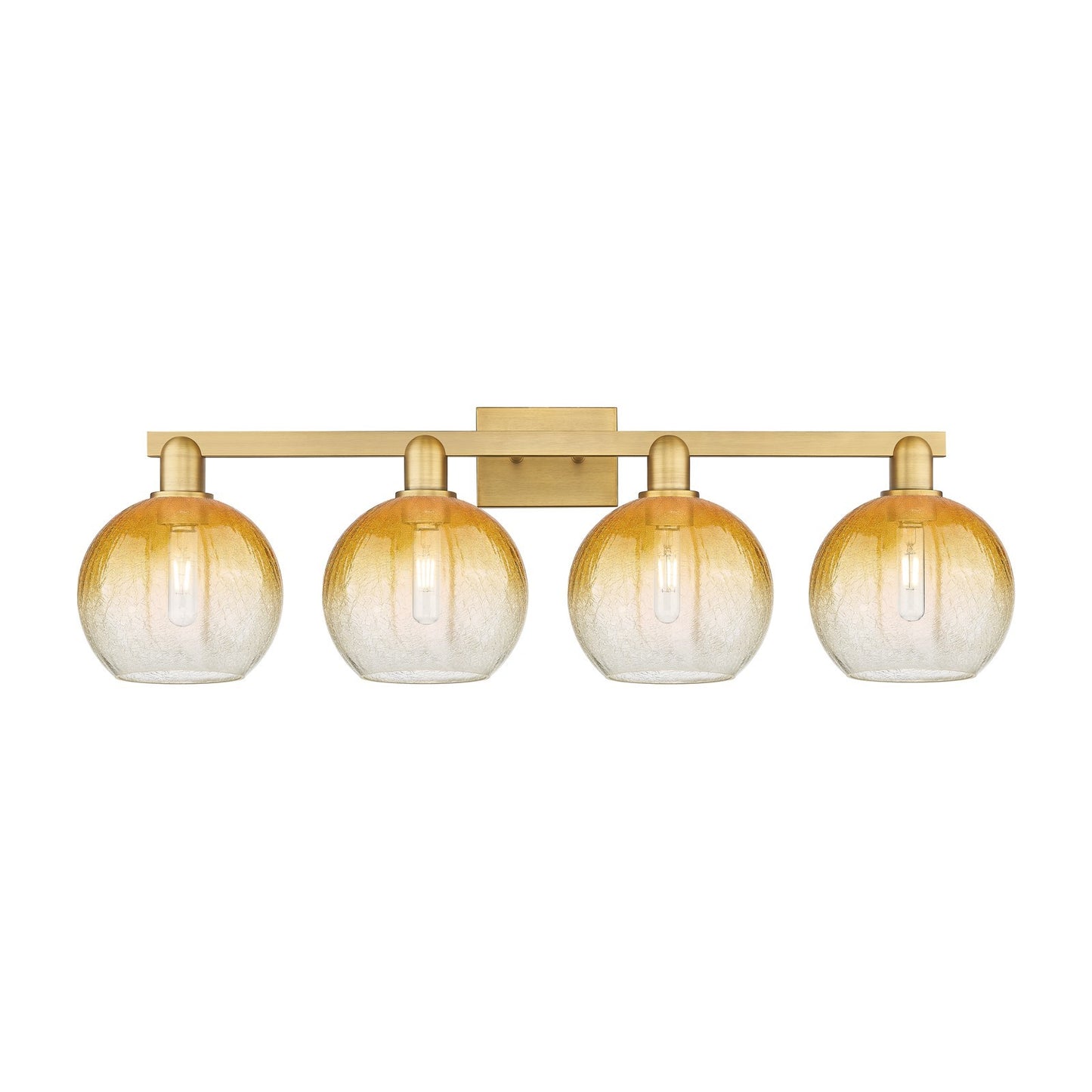 Innovations Brookhaven Globe 35in 4-Light Bath Vanity Light | Industrial Brushed Brass and Amber Glass | Damp Rated Bathroom | Model 716-4W-BB-G483-8AM
