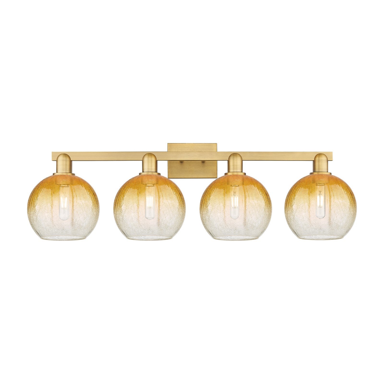 Innovations Brookhaven Globe 35in 4-Light Bath Vanity Light | Industrial Brushed Brass and Amber Glass | Damp Rated Bathroom | Model 716-4W-BB-G483-8AM
