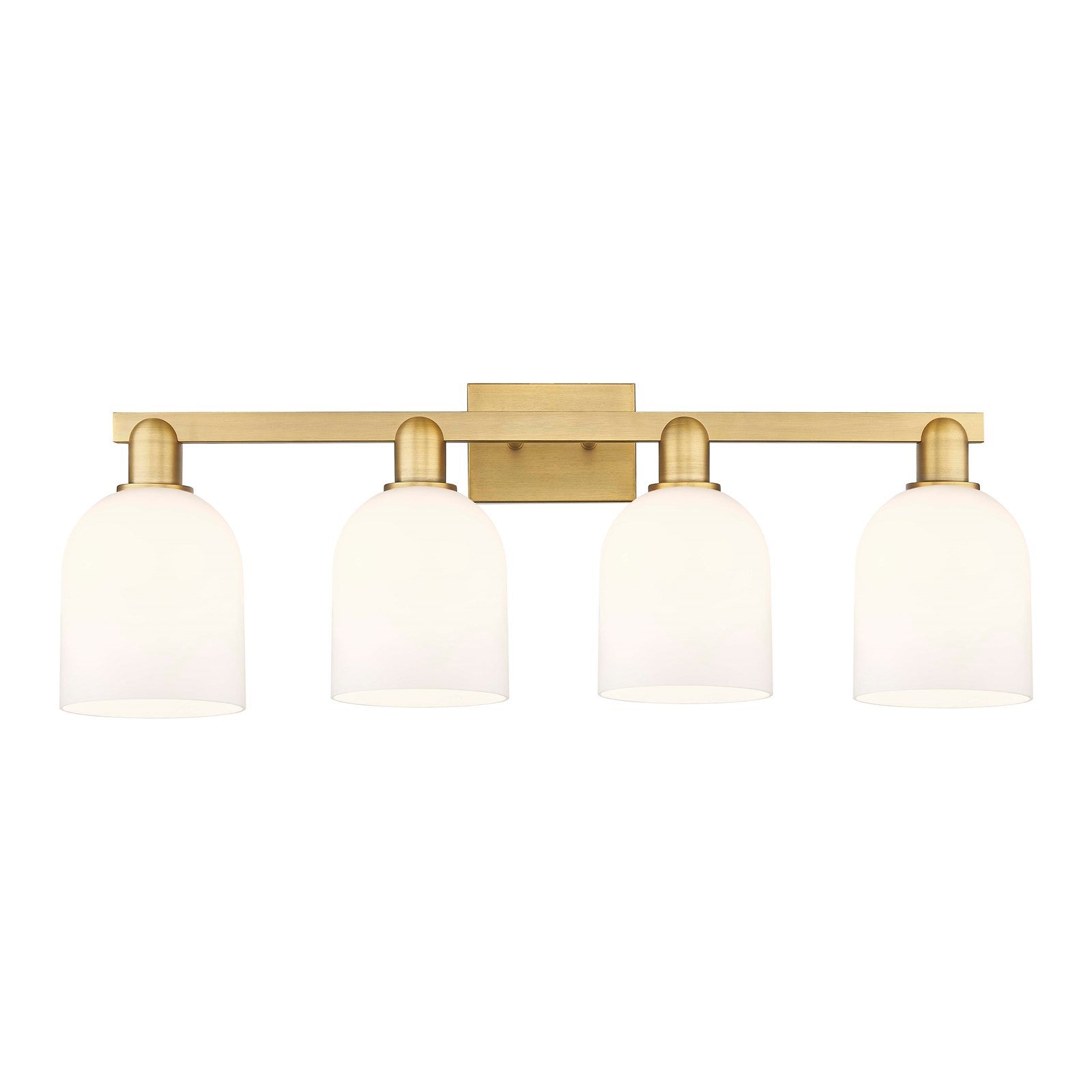 Innovations Bella 33in 4-Light Bath Vanity Light | Industrial Brushed Brass and White Glass | Kitchen & Bathroom Vanity | Model 716-4W-BB-G558-6GWH