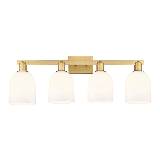 Innovations Bella 33in 4-Light Bath Vanity Light | Industrial Brushed Brass and White Glass | Kitchen & Bathroom Vanity | Model 716-4W-BB-G558-6GWH