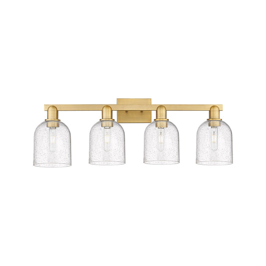 Innovations Bella 33in 4-Light Bath Vanity Light | Industrial Brushed Brass Steel and Seedy Bell Glass | Damp-Rated Bathroom | Model 716-4W-BB-G558-6SDY