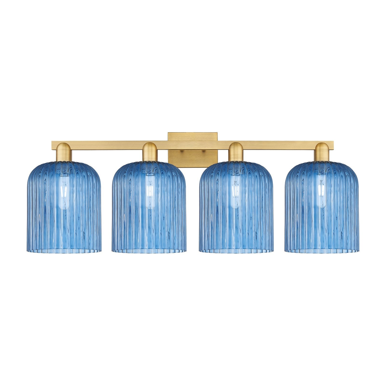 Innovations Bridal Veil 35in 4-Light Bath Vanity | Industrial Brushed Brass and Princess Blue Ribbed Glass | Bathroom Vanity | Model 716-4W-BB-G559-8BL
