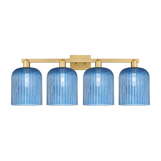 Innovations Bridal Veil 35in 4-Light Bath Vanity | Industrial Brushed Brass and Princess Blue Ribbed Glass | Bathroom Vanity | Model 716-4W-BB-G559-8BL
