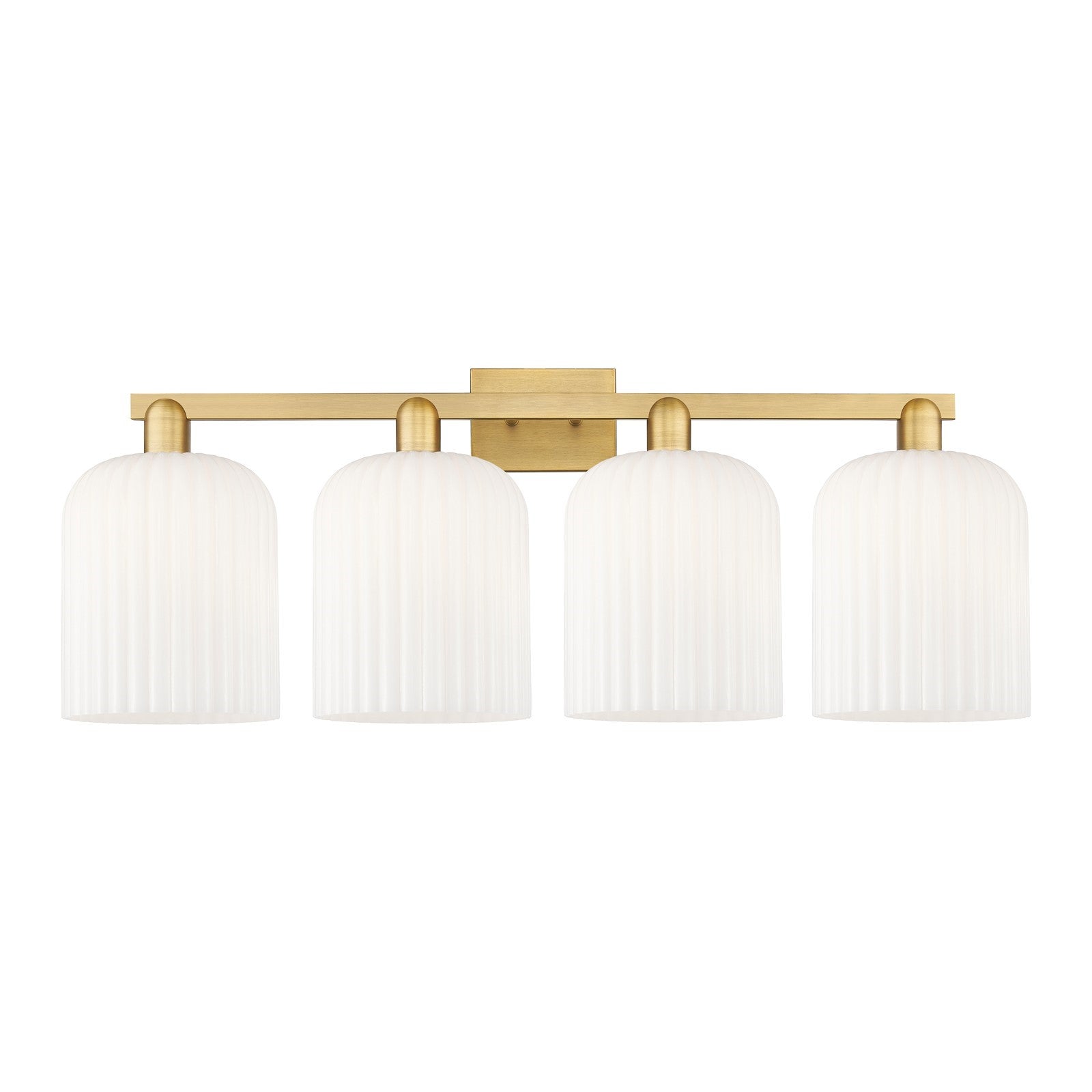 Innovations Bridal Veil 35in 4-Light Bath Vanity Light | Industrial Brushed Brass and Gloss White Ribbed Glass | Bathroom | Model 716-4W-BB-G559-8GWH