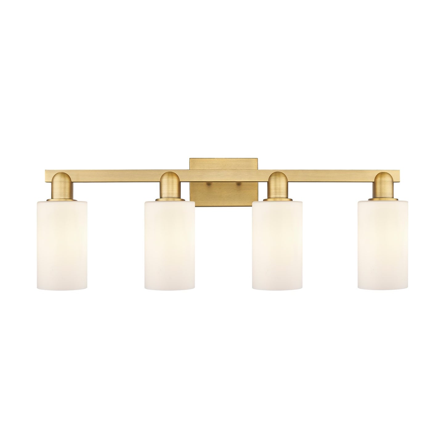 Innovations Clymer 31in 4-Light Bath Vanity Light | Industrial Brushed Brass and Matte White Glass | Bathroom Vanity | Model 716-4W-BB-G801