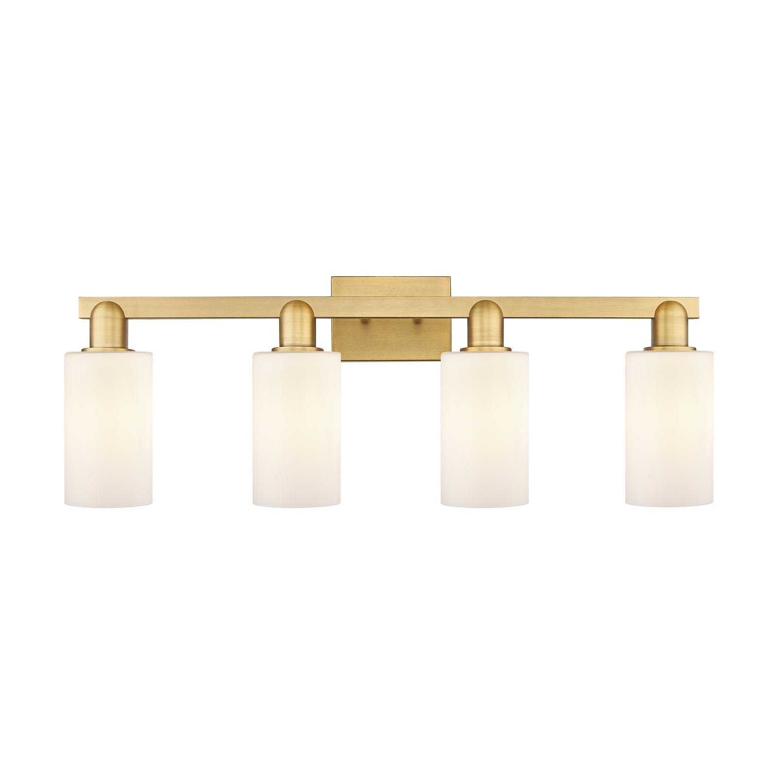 Innovations Clymer 31in 4-Light Bath Vanity Light | Industrial Brushed Brass and Matte White Glass | Bathroom Vanity | Model 716-4W-BB-G801